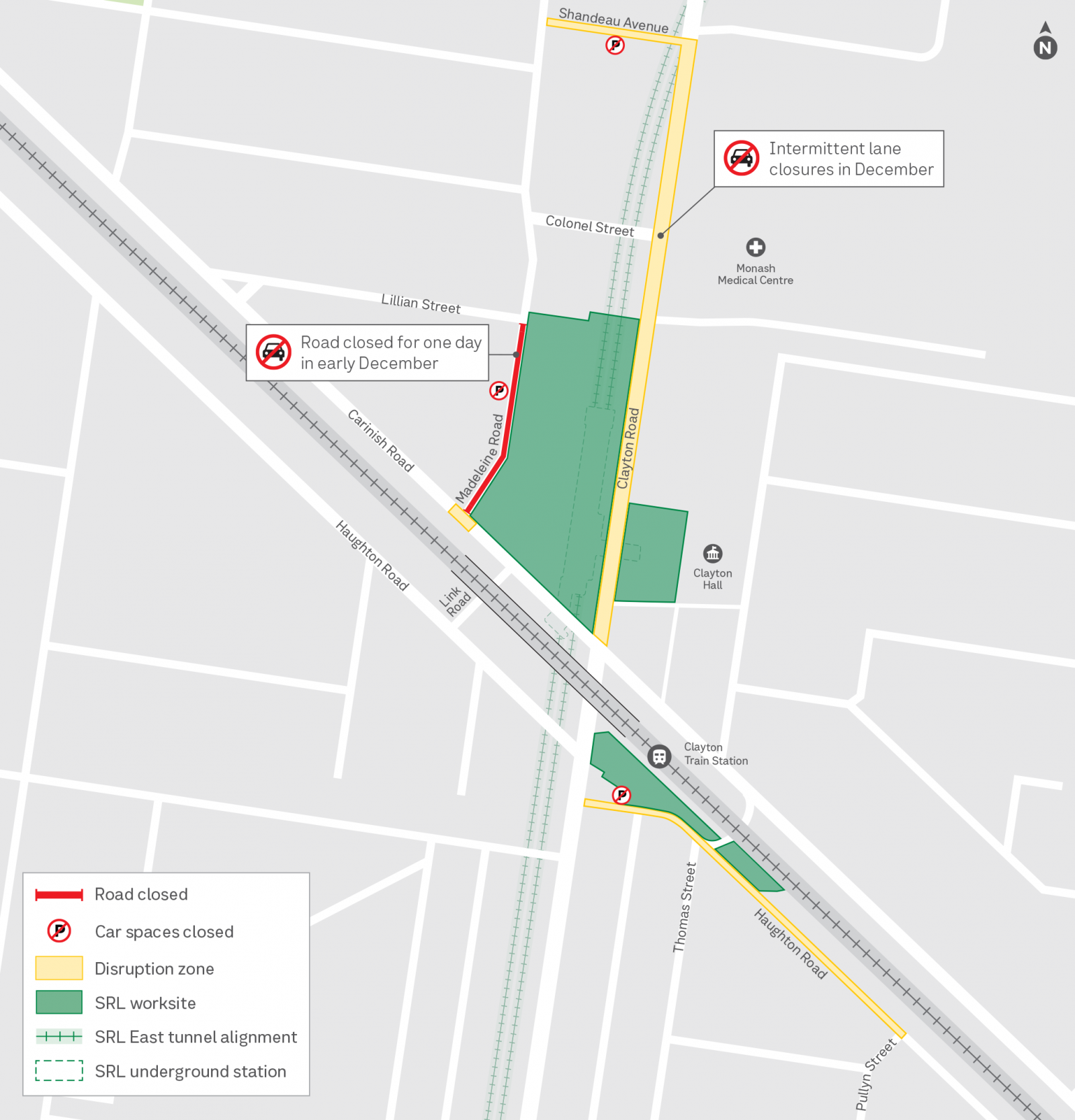 Map outlining works happening i Clayton throughout December