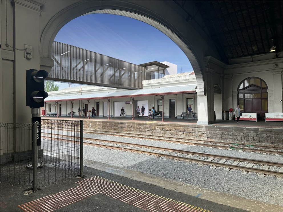 View of the overpass from inside the train hall, looking to the south. Artist impression, subject to minor change. Design endorsed by Heritage Victoria