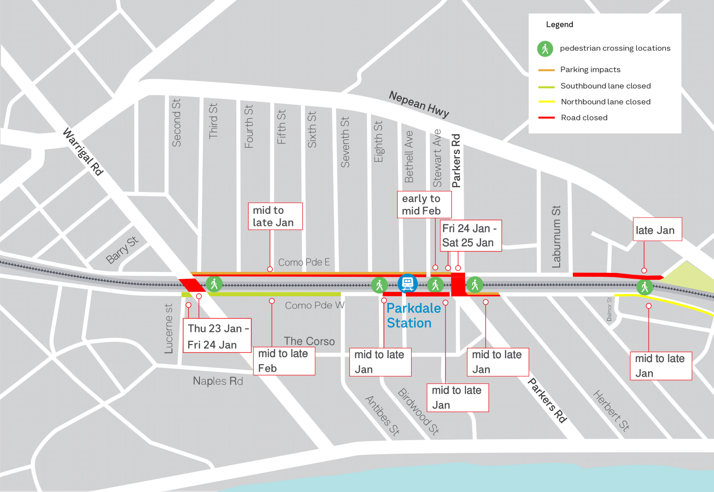 Map showing road and intersection closures at times over January and February around the Parkdale Station