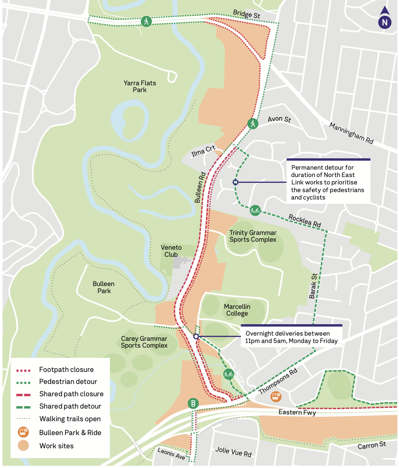 Map showing day and night works in Bulleen.