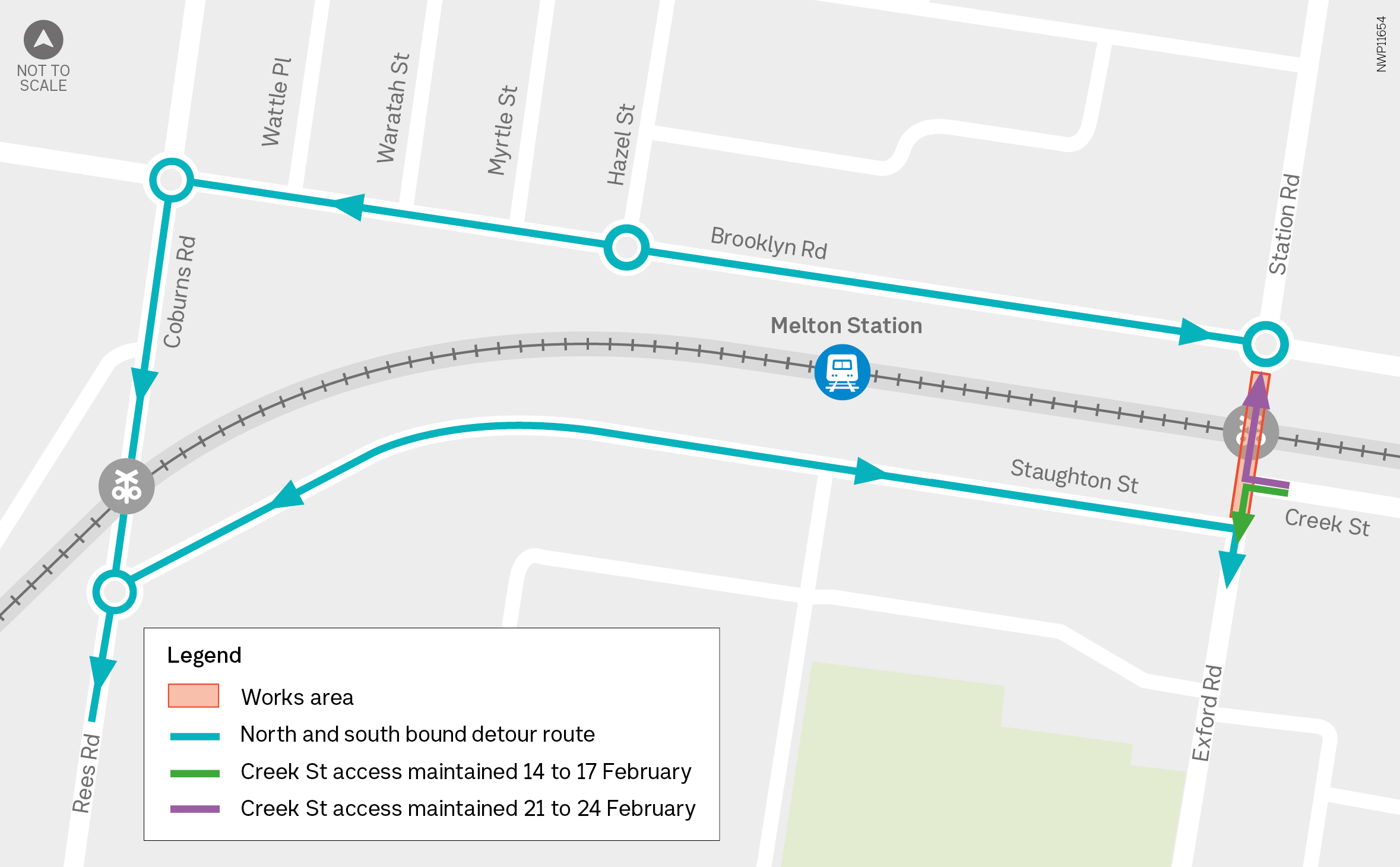 Map showing the detour for Exford Road closure at the level crossings, detour via Coburns Road