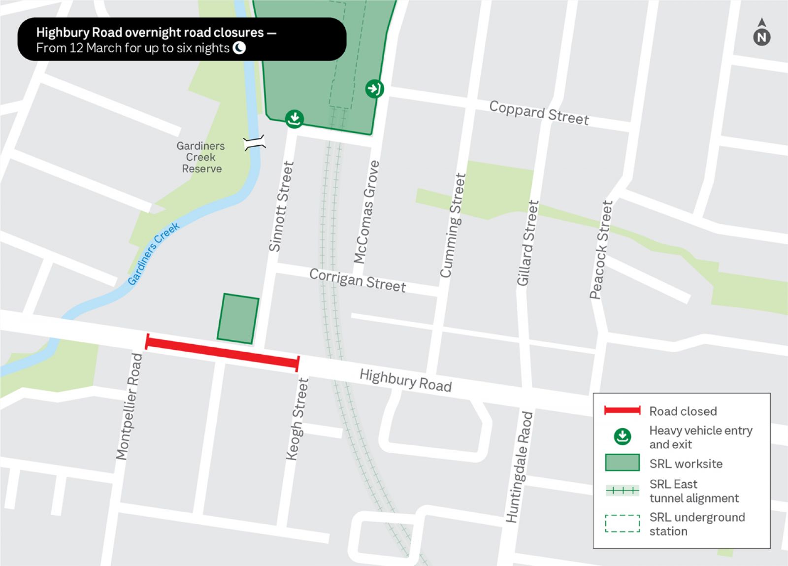 This map outlines Highbury Road overnight road closures from 12 March for up to 6 nights.