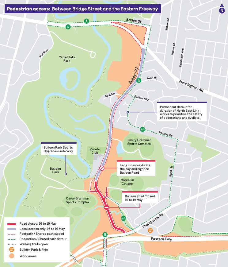 Pedestrian access: Between Bridge Street and the Eastern Freeway map