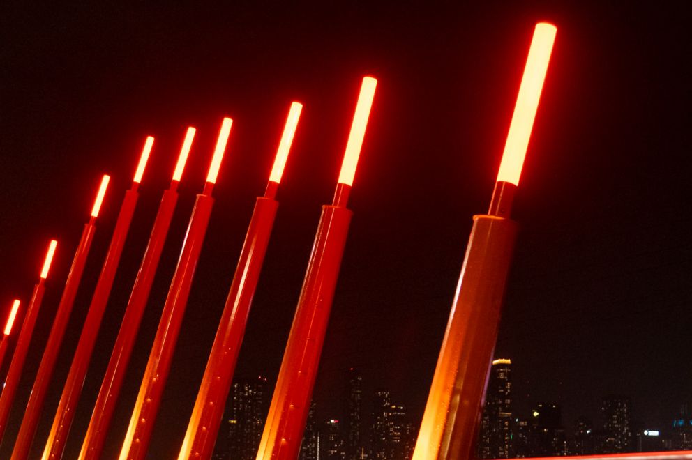 Orange poles on CityLink ramp to Footscray Rd - a total of 132 lighting poles are on this ramp.