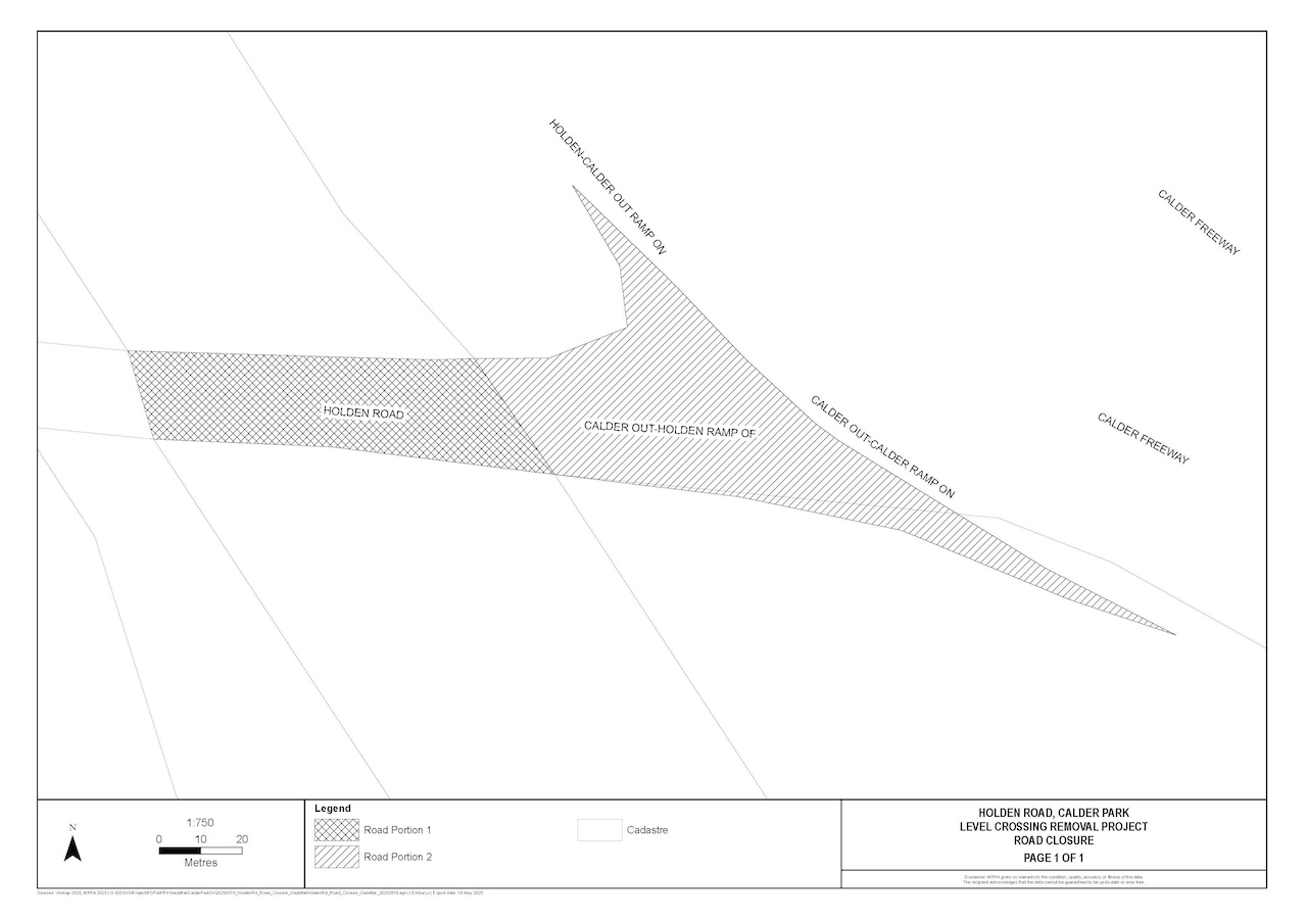 Map showing location of road closure on Holden Road at the level crossing and at the Calder Freeway on Ramp