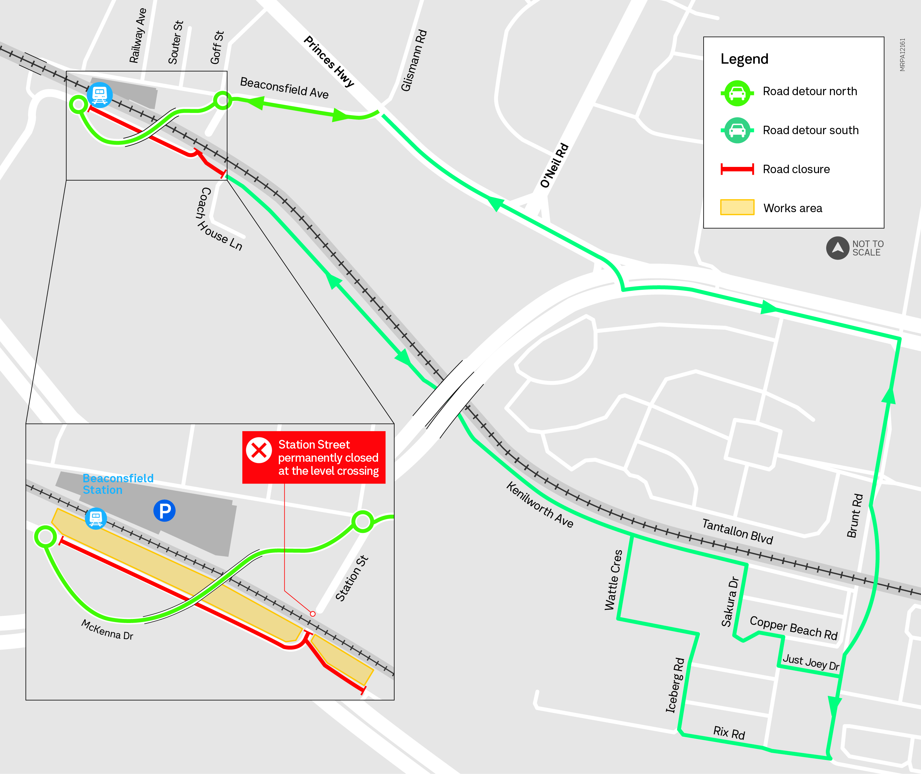 Map of road closure at Kennilworth Avenue, with detour via McKenna Drive and via Brunt Road