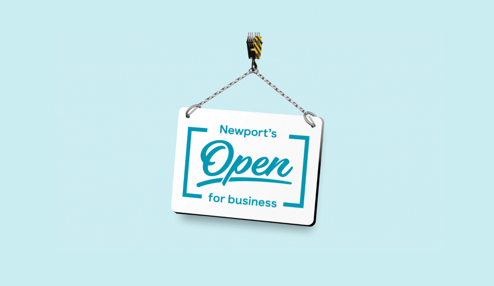 Blue background with sign saying 'Newport's open for business'