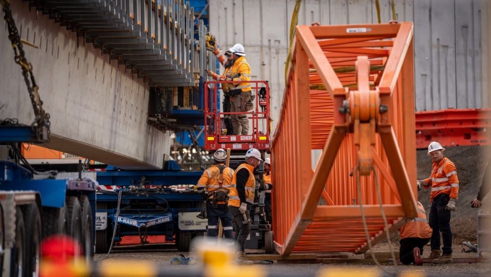 All hands on deck for the beam lift at Hopkins Road in Truganina