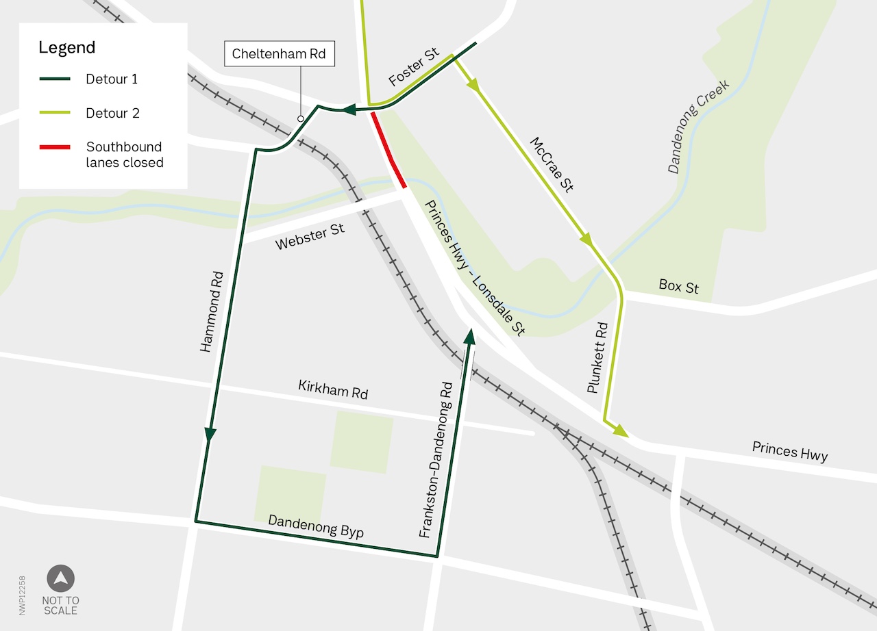 Map showing detour via Cheltenham Road, Hammond Road, Dandenong Bypass and Frankson-Dandenong Road or via Foster Street, McCrae Street and Plunkett Road