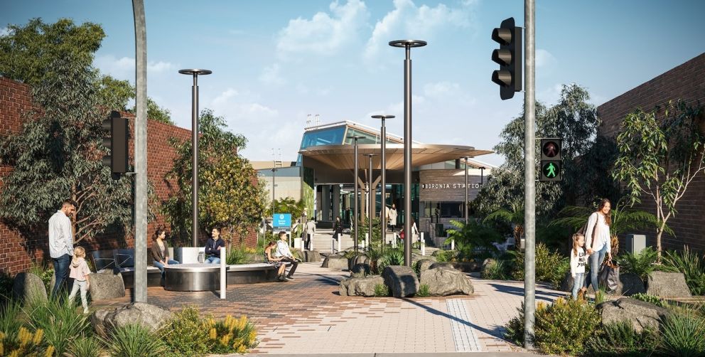 Boronia Station upgrade final render of the new plaza connecting the station to Dorset Street. Artist impression only, subject to change