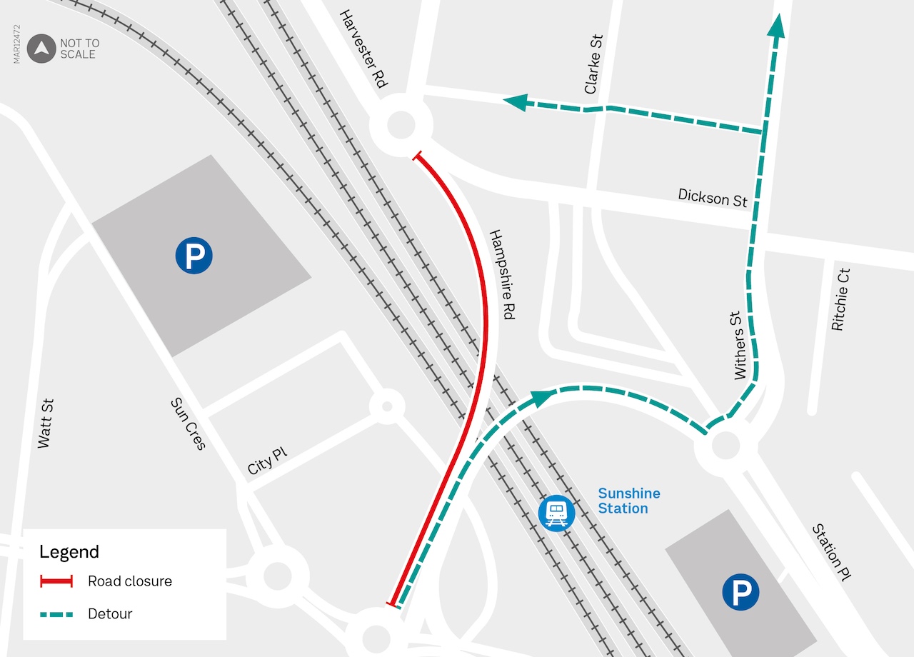 Map showing detour over the bridge onto Station Place and Withers Street