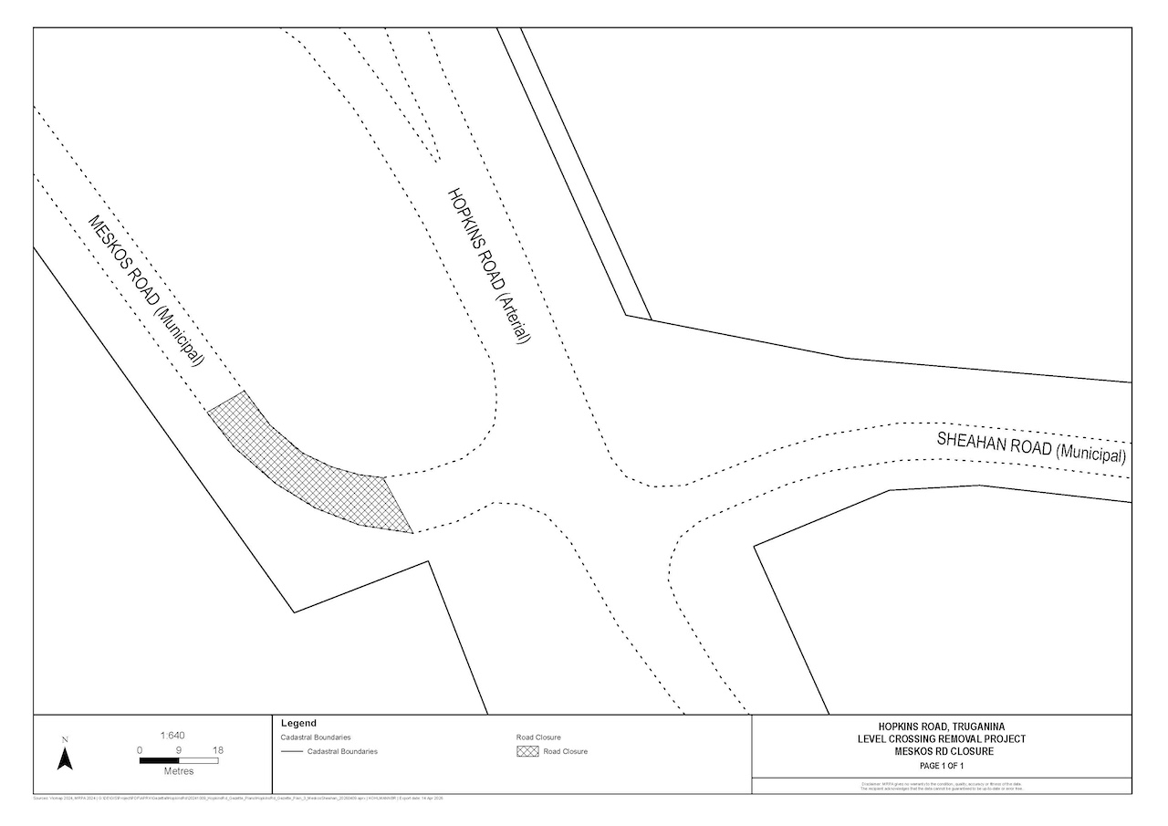 Map showing location of closure on Meskos Road