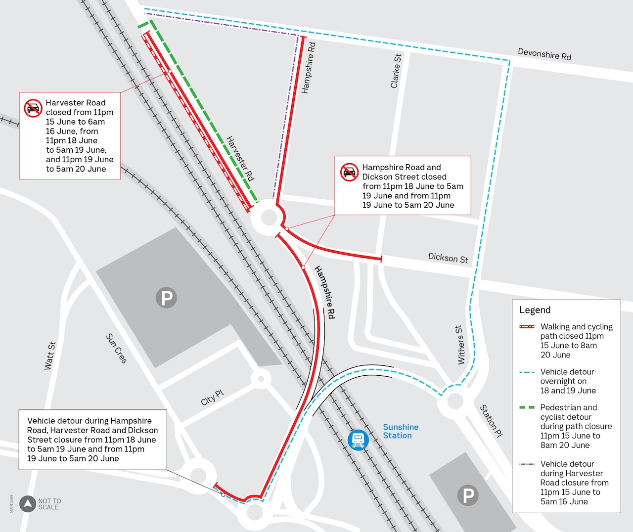Sunshine Station precinct&nbsp;&nbsp;&ndash; pedestrian, cyclist and detour map