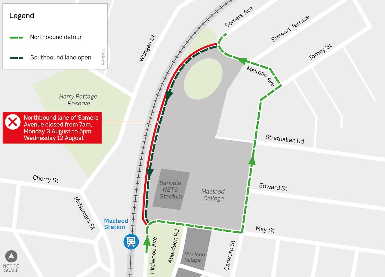Map showing northbound detour via Birdwood Avenue, May Street, Carwarp street and Melrose Avenue