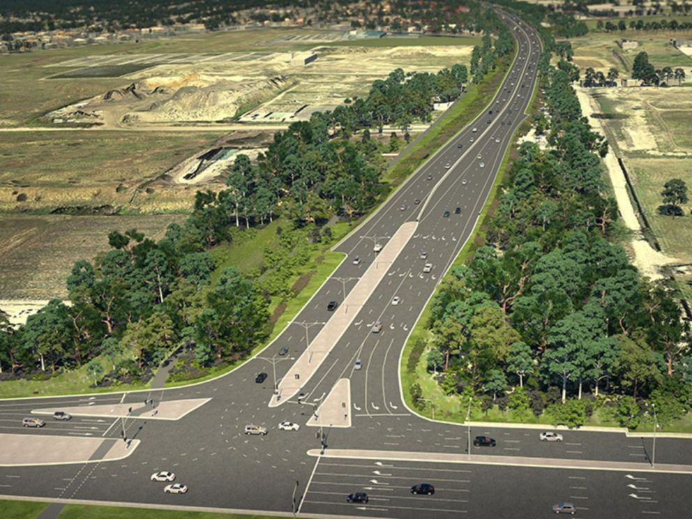 An artist impression of Dingley Bypass from a birds eye view. Shows trees alongside the road with cars travelling on the road.