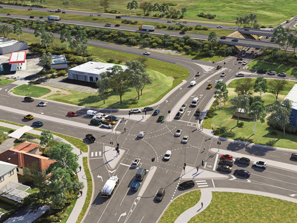 An artist impression of Thames Promenade froma birds eye view. The image highlights the green space between roads, either side of the road and the warehouses alongside the road