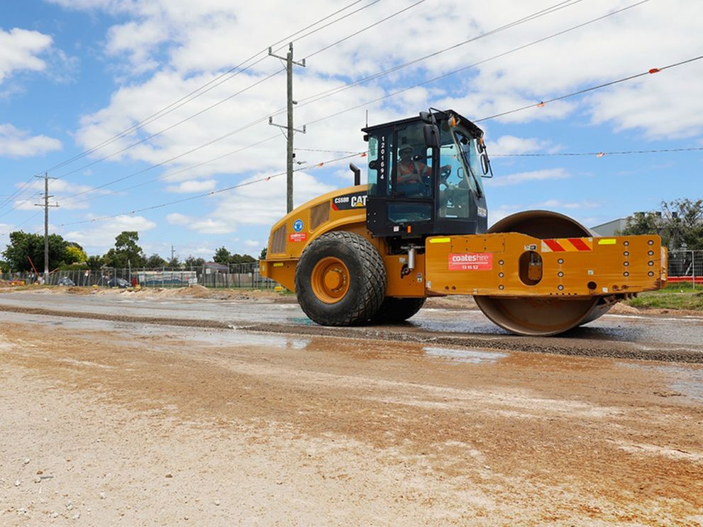 Works to build the new intersection at Wells Road and Thames Promenade. Image shoes a vehicle flattening the earth beneath it