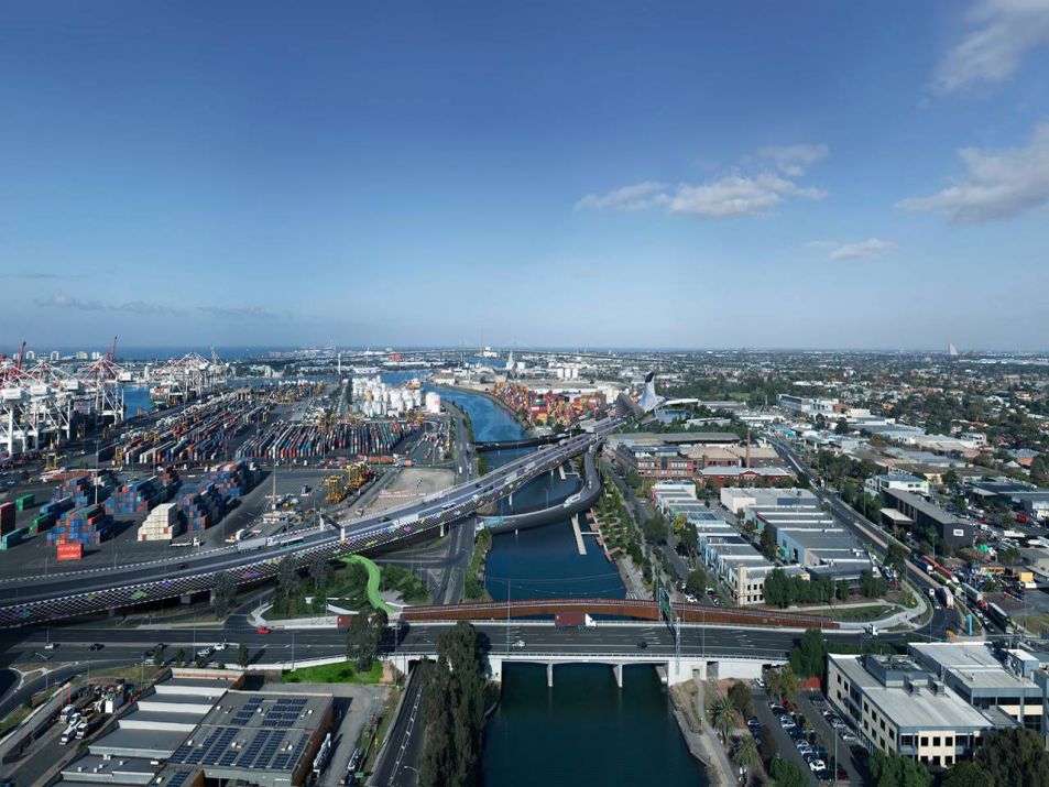 Artist impression of new city connections, looking south over the Maribyrnong River