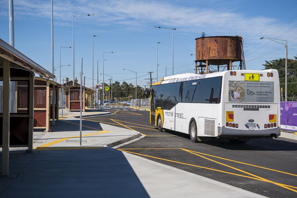 A bus using the new interchange facilities at Wallan Station