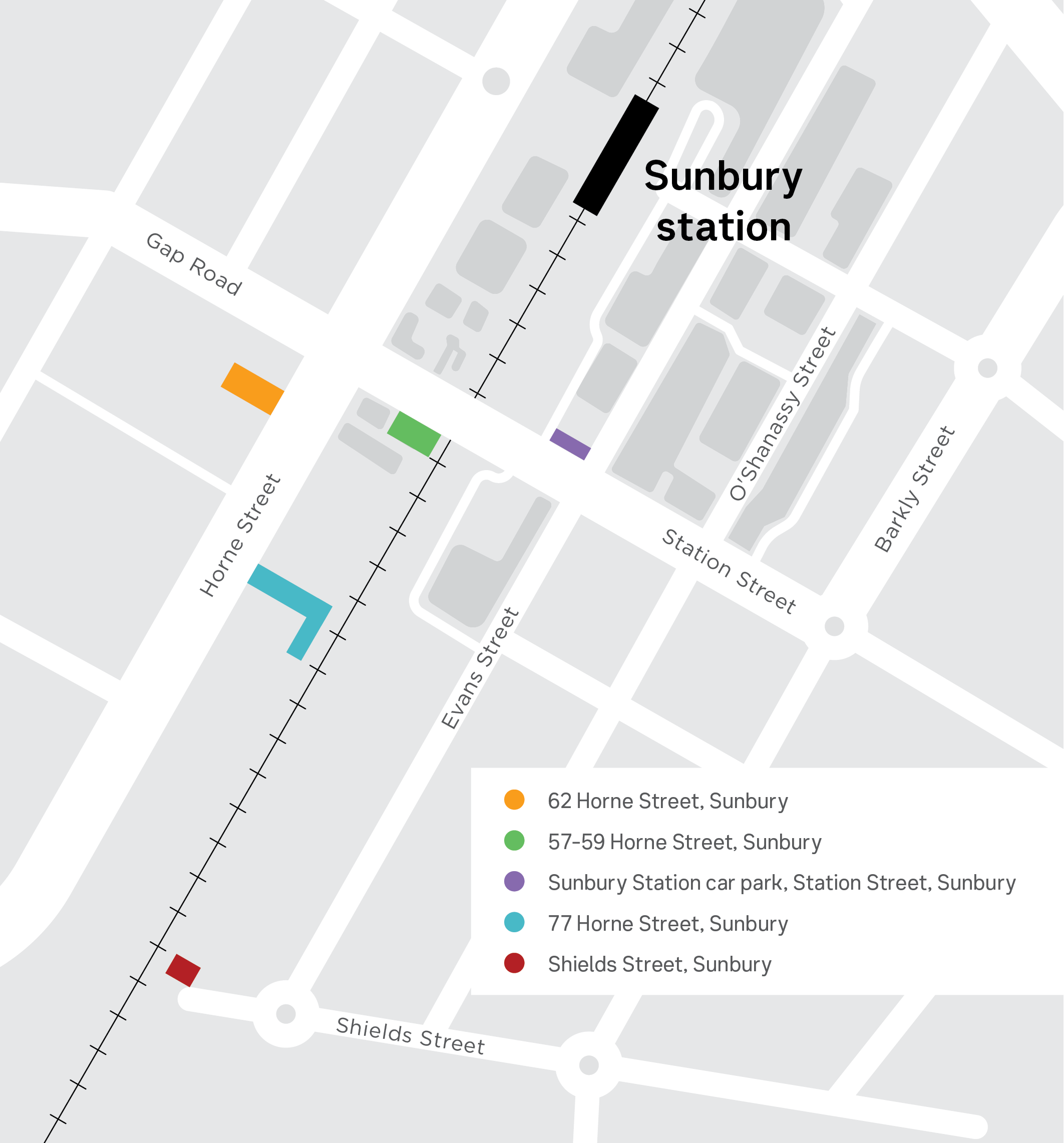 Map of Sunbury Station precinct, showing the westbound out lane closed on Gap Road/Station street between Horne Street and Evens Street.