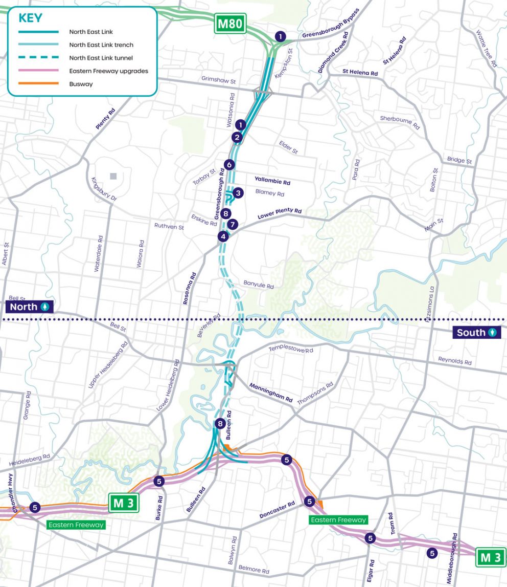 A map showing key early works activities for North East Link, highlighting the locations of telecommunication towers, high-voltage transmission towers, new power substation, Borlase Reserve utilities, Eastern Freeway service relocations, Greensborough Road service relocations, water pressure reducing station and sewer realignments. 