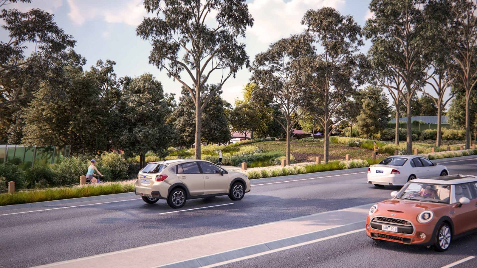 Green bridges running alongside Greensborough Road and on top of a lowered North East Link. Cars are travelling on the road and people are jogging and cycling on the shared path.