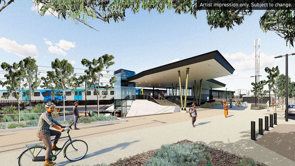 Artist impression of the forecourt at Merinda Station. Artist impression only. Subject to change.