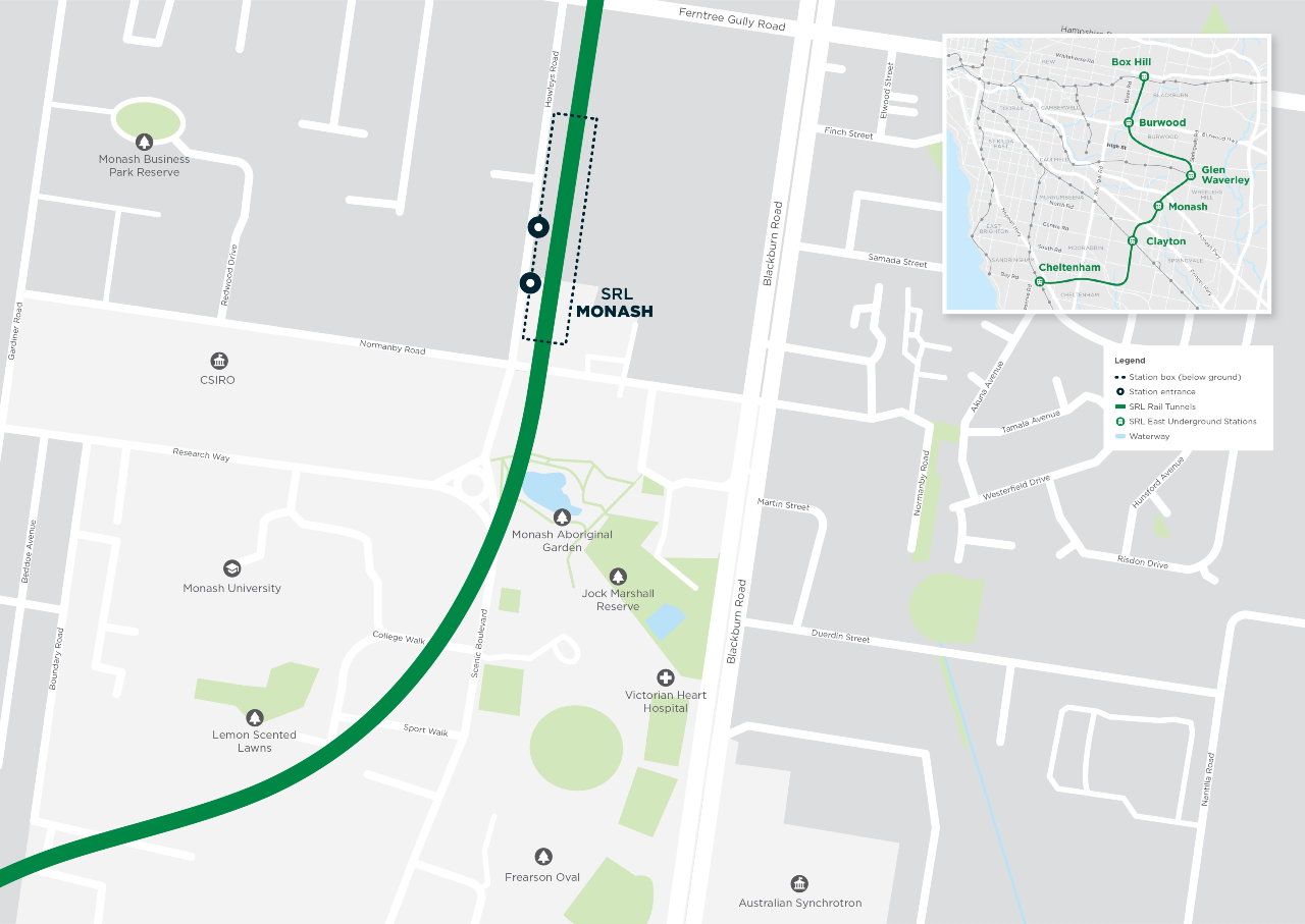 Map: SRL Monash Station between Howleys and Blackburn roads