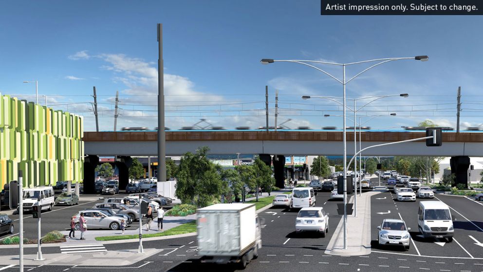 Artist impression of elevated rail and traffic intersection at Manchester Road. Artist impression only. Subject to change.