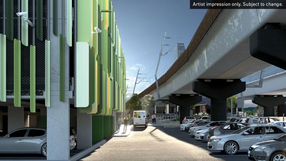 Artist impression of car park under elevated rail, adjacent to new multi deck car park. Artist impression only. Subject to change.