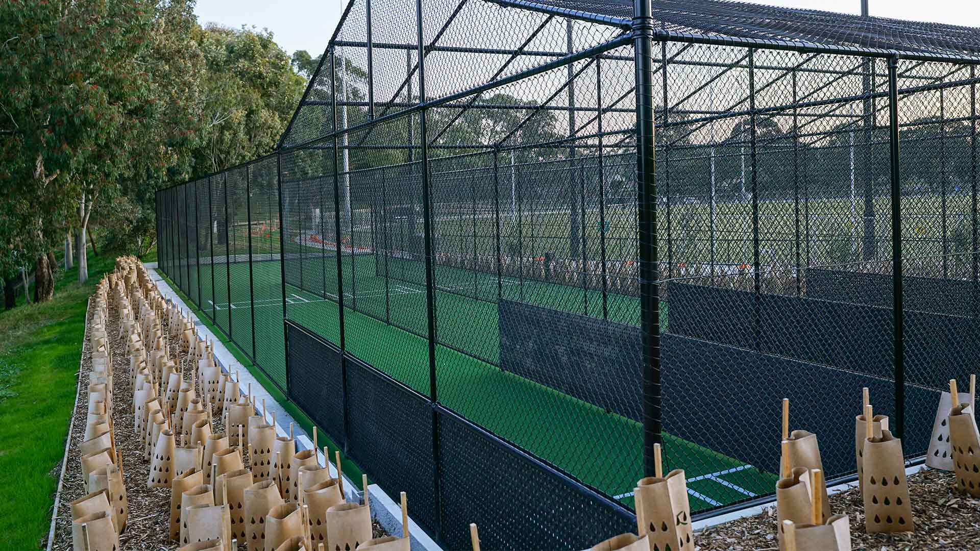 A close up of new cricket nets and trees at Binnak Park. Each of the trees are surrounded by protective tree guards.