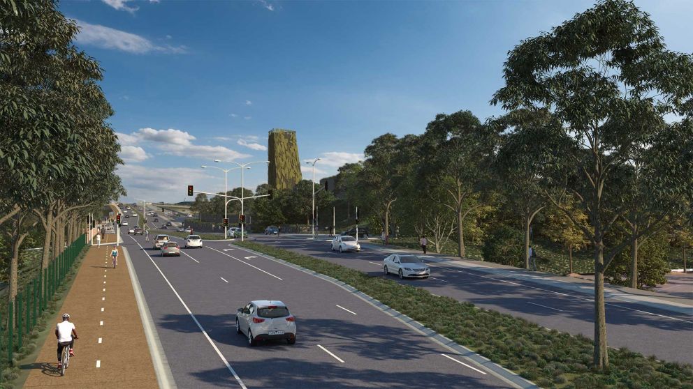 Artist impression of Bulleen Road with safer walking and cycling links and local connections including a new signalised intersection and crossing. A ventilation structure next to Bulleen Road is also shown in the distance.