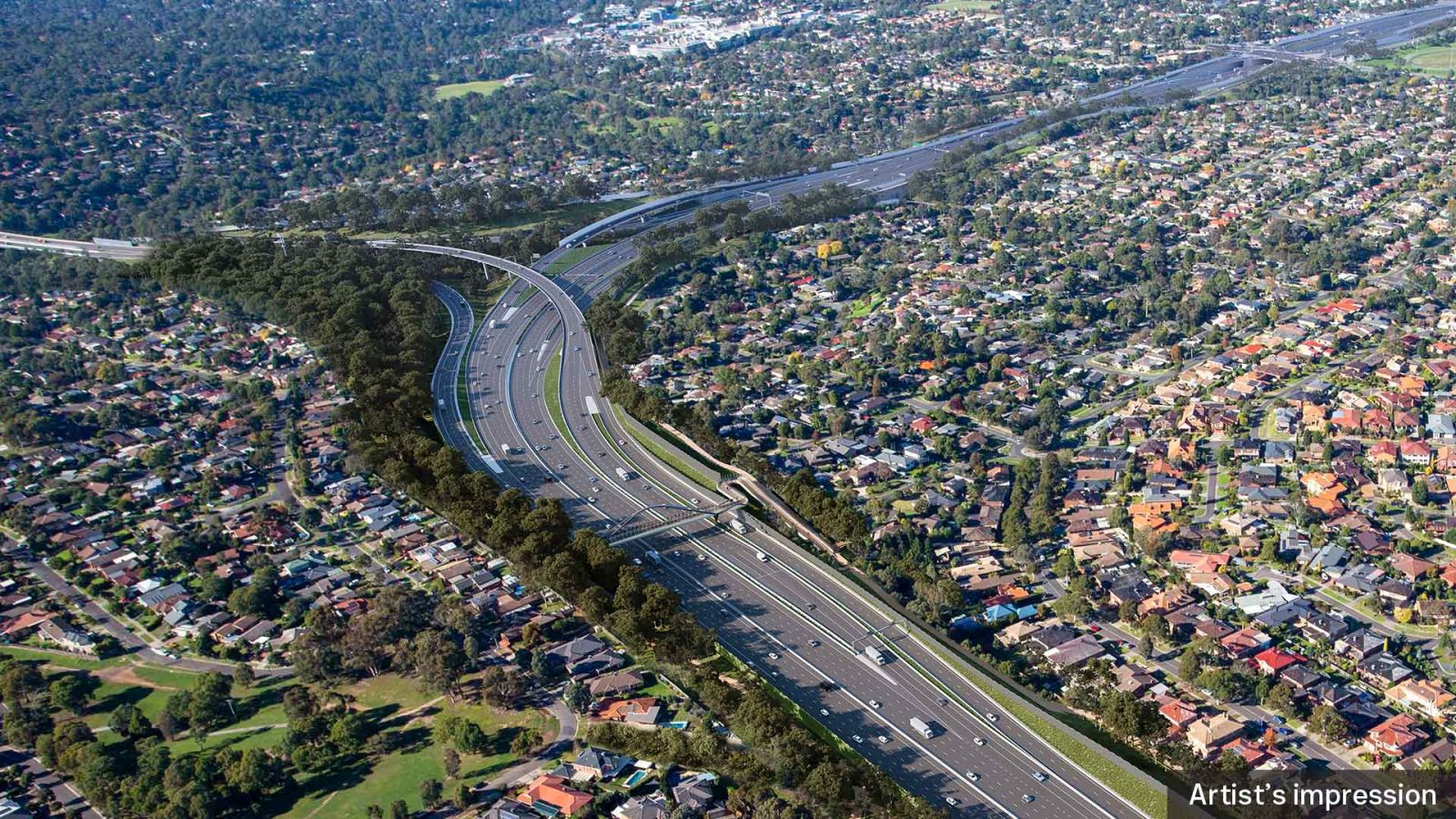 An artist impression birds eye view of the interchange at the Ring Road and Greensborough Road during the daytime.