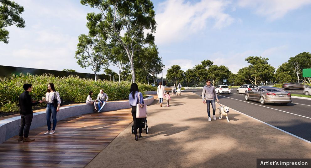 An artist impression from ground level on the Elder Street land bridge showing recreational users, trees and cars.