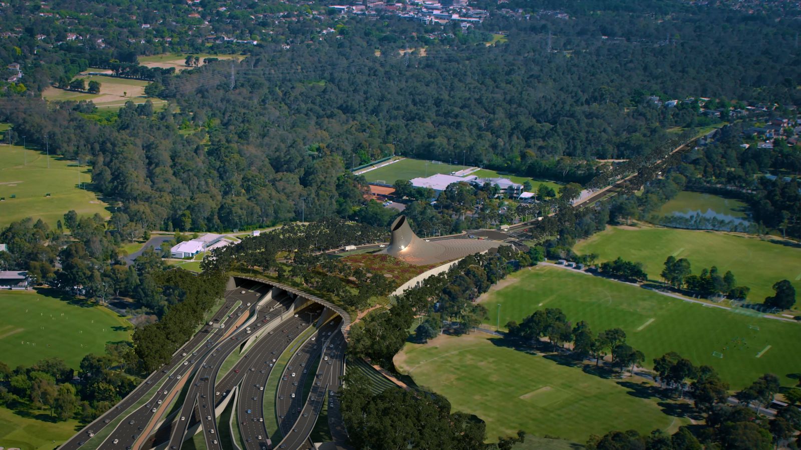 Artist impression of the new North East Link southern portal and land bridge in Bulleen