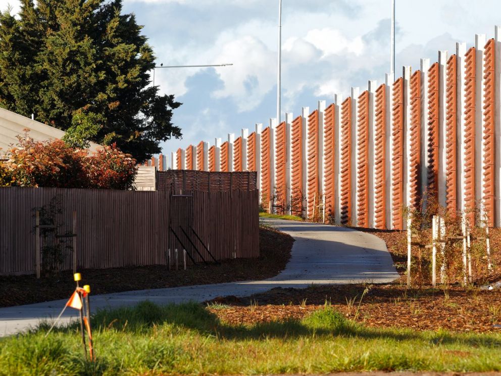 View of the new shared walking and cycling path and 75% recycled noise walls south of Centre Dandenong Road