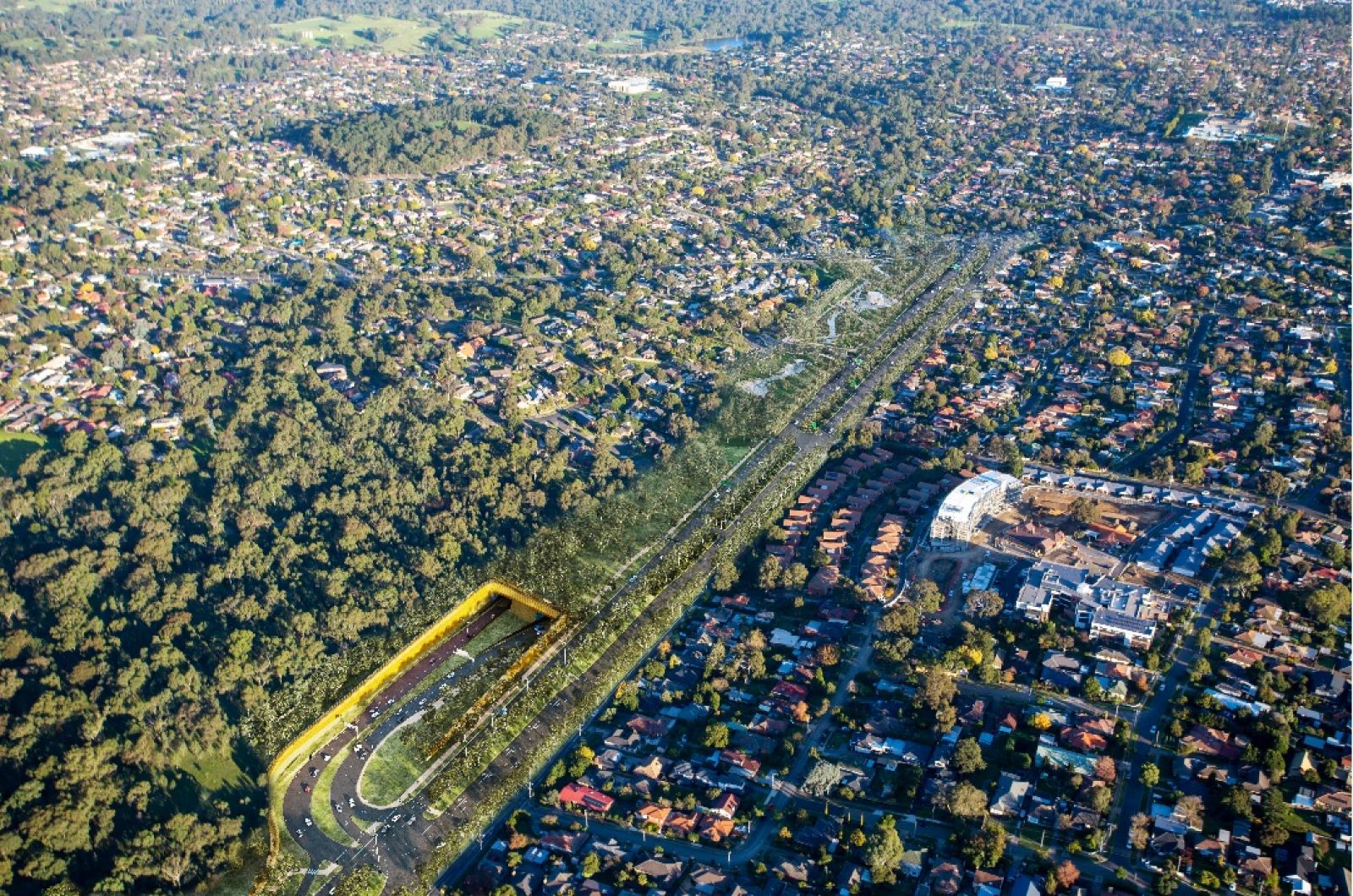 Artist impression of North East Link interchange at Lower Plenty Road in Yallambie