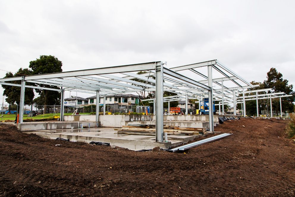 Photo of steel framing for the new pavilion at Donald McLean Reserve