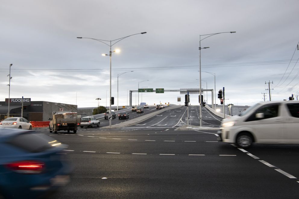 Cars travelling over the newly opened Old Geelong Road bridge.