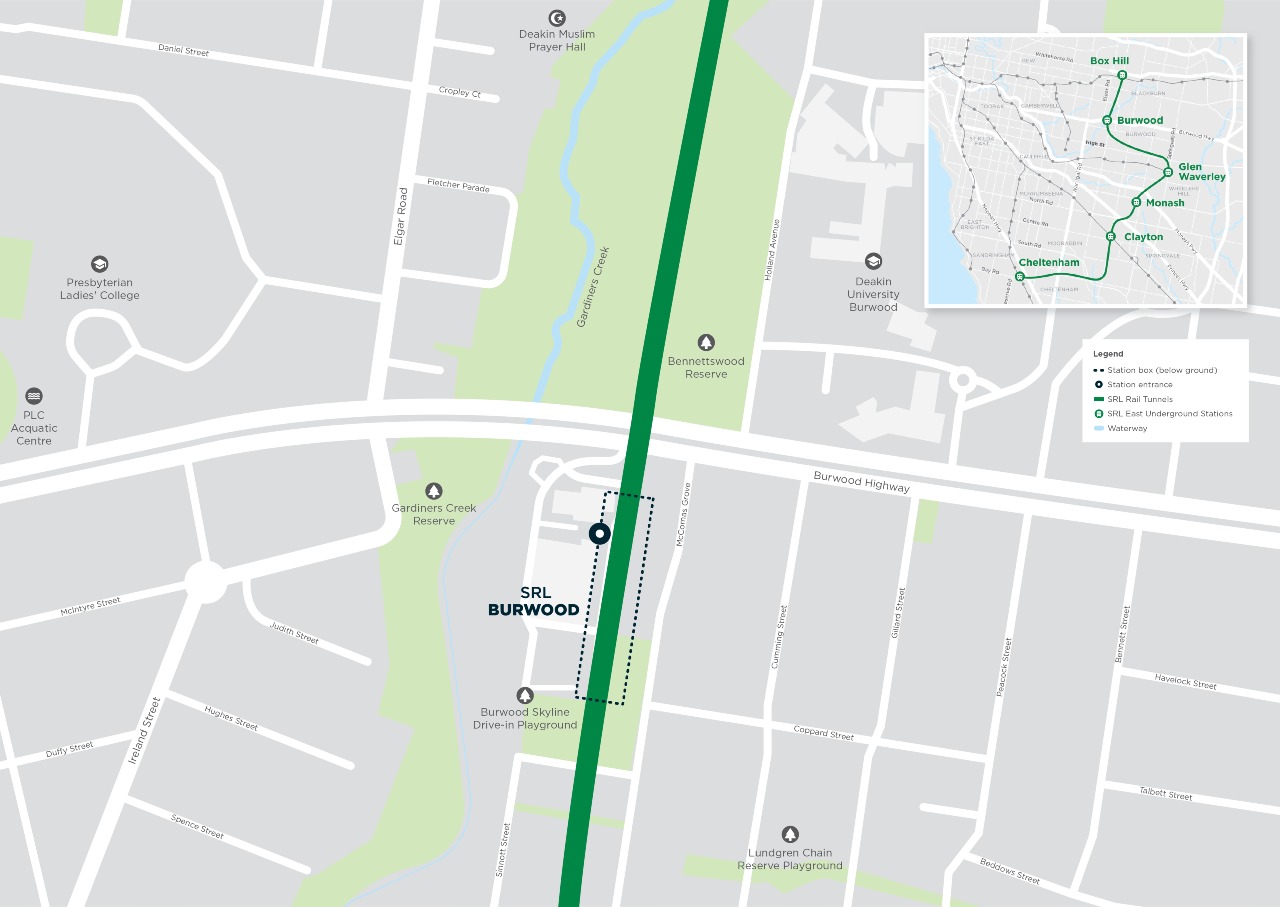 Map: SRL Station beside Burwood Highway, opposite Deakin University and Gardiners Creek