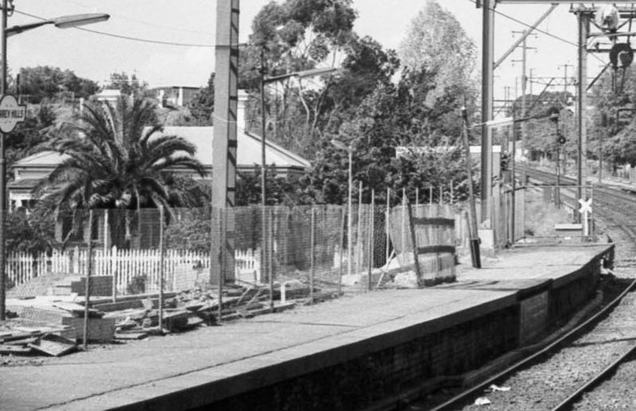 Black and white image of the old Surrey Hills Station.