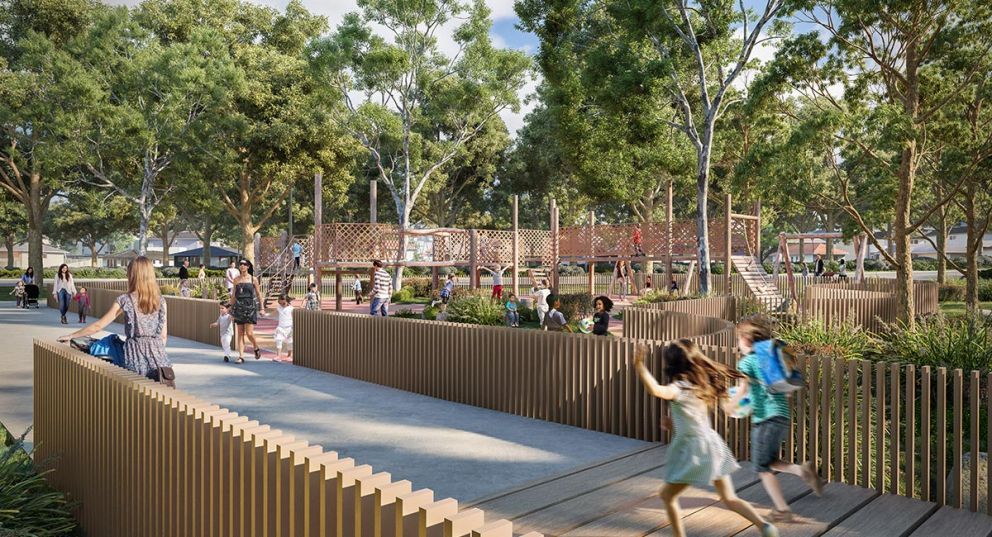 Artist’s impression of new playground area at Borlase Reserve, Yallambie looking west towards Greensborough Road. 