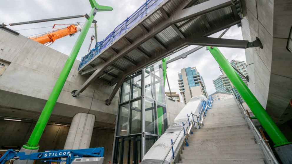 Tram interchange staircase, lift shaft and pedestrian bridge after they have been installed