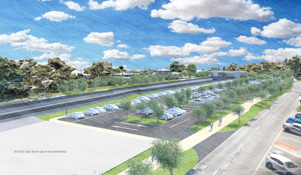 Looking east at the new Ringwood East Station. Artist impression, subject to change.