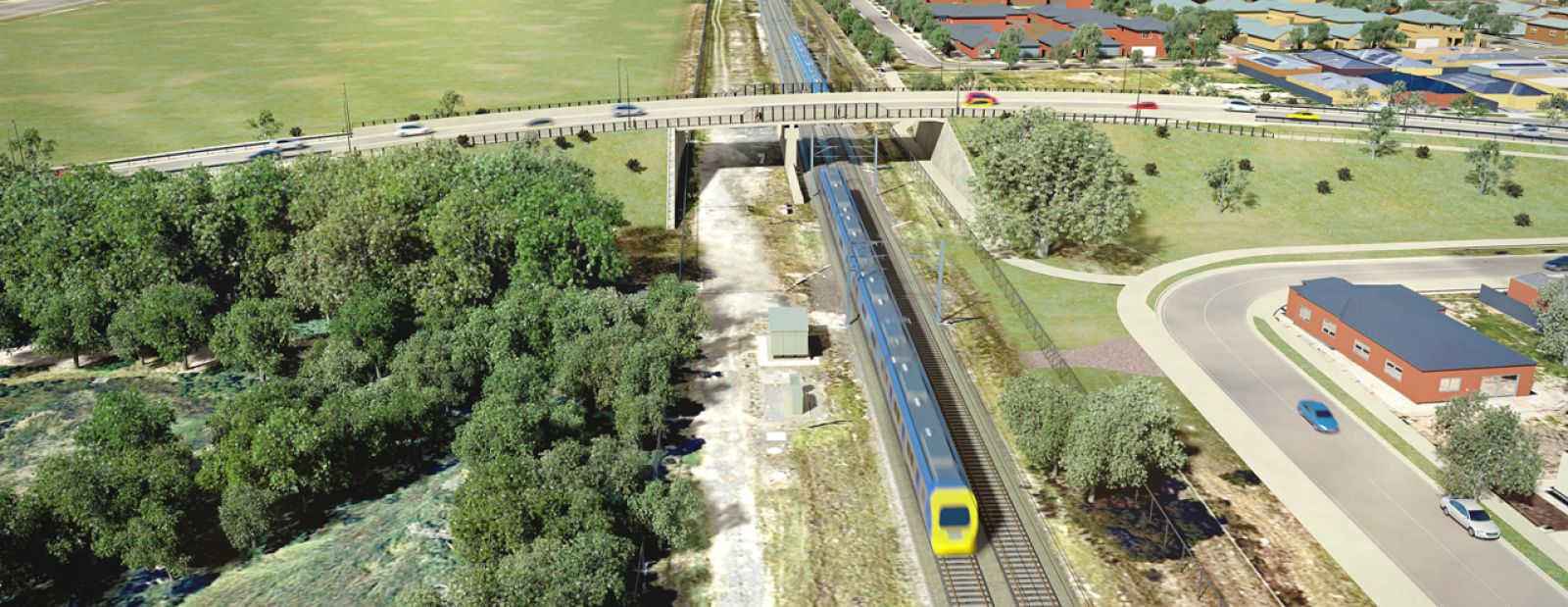 The new Brunt Road bridge will travel north to south above the Pakenham Line. Artist impression, subject to change.
