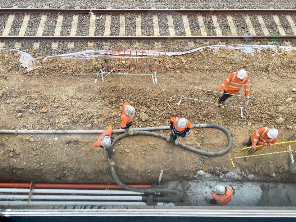 Aerial view of combined service location trench works.