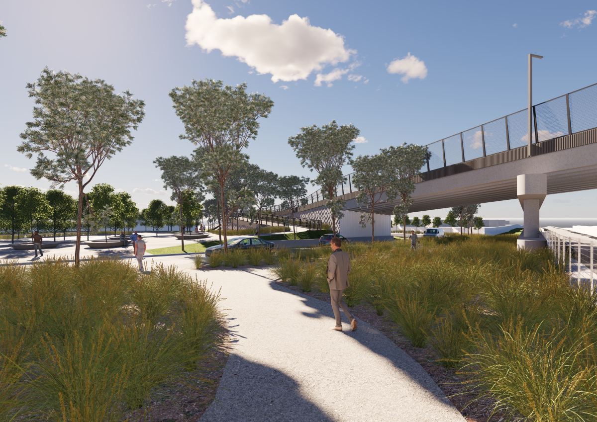 Landscaping alongside the new road bridge. Artist's impression only, subject to change.