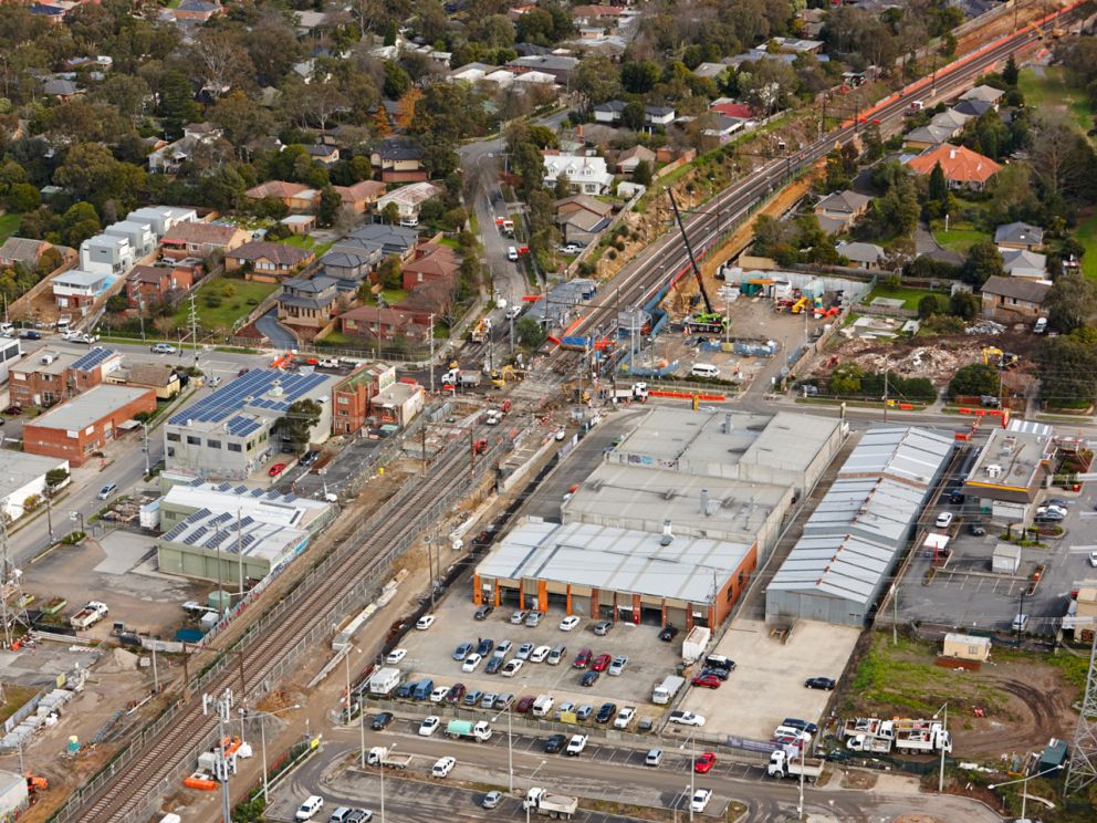 Aerial view of Heatherdale Road and rail tracks.