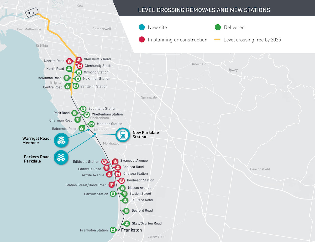 Map of level crossing removals on Frankston line.