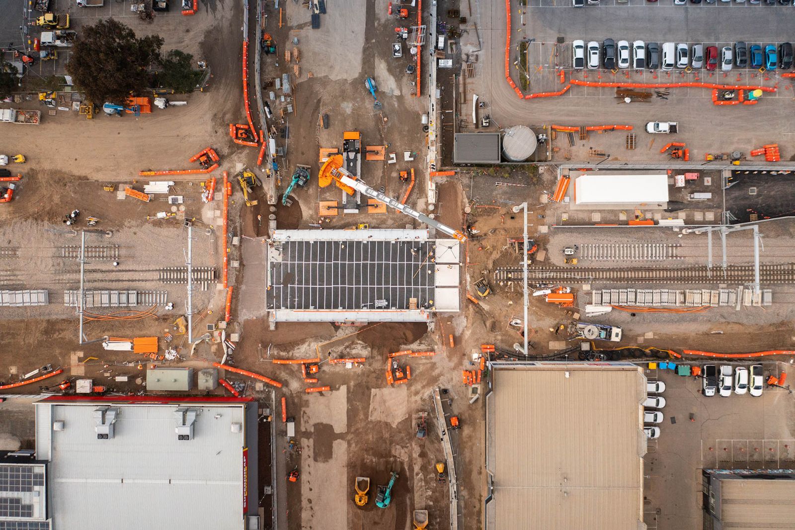 View from above the new rail bridge during the June construction blitz.
